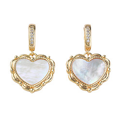 Creamy White Brass Micro Pave Cubic Zirconia Pendants, with Natural Shell, Real 18K Gold Plated, Nickel Free, Heart, Creamy White, 32mm, Hole: 6.5mm