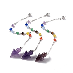 Аметист Подвески с маятником из натурального аметиста, с круглыми бусинами из драгоценных камней чакры, фурнитура и цепи из латуни с платиновым покрытием, 235 мм