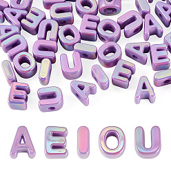Violet Bleu 50 pcs 5 styles placage uv perles acryliques opaques, iridescent, lettre aeiou, bleu violet, 20.5x8~18x13.5mm, Trou: 6mm, 10 pcs / style