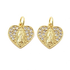Настоящее золото 18K Латунные микро проложить кубического циркония подвески, сердце с подвесками Девы Марии, без свинца и без кадмия, долговечный, стойки покрытие, с целью перехода в кольце, реальный 18 k позолоченный, 13.5x13x2 мм, отверстие : 3.5 мм
