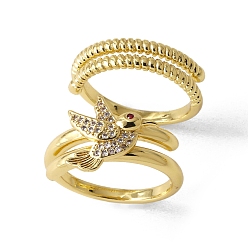 Птица Двойные кольца из латуни с микропаве и кубическим цирконием для женщин, золотые, птица, внутренний диаметр: 17 мм, 2 шт / комплект