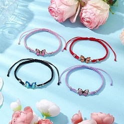(52) Непрозрачная лаванда 4шт. регулируемые плетеные браслеты из вощеного полиэфирного шнура для женщин, с шармом в виде бабочки из сплава эмали, разноцветные, внутренний диаметр: 2-1/4~3-5/8 дюйм (5.7~9.1 см)