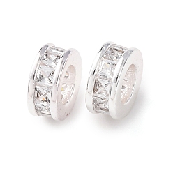 Посеребрённый Латунь микропаве прозрачный кубический цирконий европейский бисер, бусины с большим отверстием, плоско-круглые, стойки покрытие, долговечный, без кадмия и без свинца, 925 серебро покрытием, 8x3.5 мм, отверстие : 4 мм