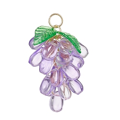 Сливовый Прозрачные стеклянные подвески, винограда прелести, с акриловым листом и золотыми 304 открытыми кольцами из нержавеющей стали, слива, 31x22x22 мм, отверстие : 4.5 мм