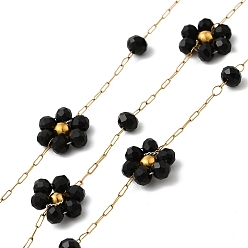 Черный Ручная работа 304 цепочки из нержавеющей стали с бусинами, пайки, с 316 кабельными цепочками из нержавеющей стали, стеклянные бусины и катушка, ионное покрытие (ip), цветок, золотые, чёрные, Цветок: 9x8x3 мм
