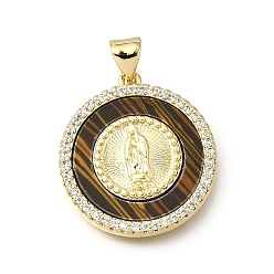 Saddle Brown Easter Brass Clear Cubic Zirconia & Acrylic Pendants, Flat Round with Virgin Mary Pattern Charms, Real 16K Gold Plated, Saddle Brown, 21.5x20x3mm, Hole: 4x3mm