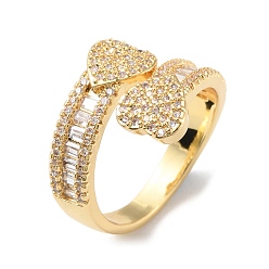 Real 18K Gold Plated Clear Cubic Zirconia Double Heart Open Cuff Rings, Brass Jewelry for Women, Cadmium Free & Lead Free, Real 18K Gold Plated, US Size 8 1/2(18.5mm