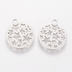 Stainless Steel Color 201 Stainless Steel Pendants, Laser Cut, Hollow, Flat Round with Star, Stainless Steel Color, 16x14x1mm, Hole: 1.5mm