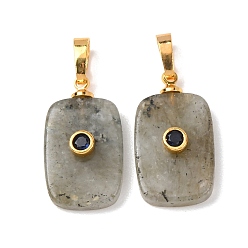 Лабрадорита Природные подвески лабрадорита, прямоугольные подвески с латунной микропаве кубическими цирконами, золотые, 25x13x5 мм, отверстие : 7x4 мм