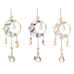 Piedra Mixta Anillo atrapasol de latón y piedras preciosas mixtas naturales con dije de sol, luna y estrella de acero inoxidable., Prisma redondo de cristal para colgar en la ventana, ideal para la decoración del hogar y el jardín., 304 mm