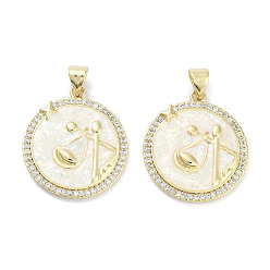 Весы Латунные микропаве прозрачные подвески с фианитом, без кадмия и без свинца, с синтетическим опалом и жемчугом из АБС-пластика, реальный 18 k позолоченный, плоский круглый шарм с двенадцатью созвездиями, Весы, 23x20x2.5 мм, отверстие : 4.5x3 мм