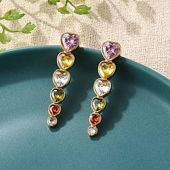 Сердце 304 серьги-гвоздики с кисточками из нержавеющей стали и разноцветными кубическими цирконами, реальный 18 k позолоченный, сердце, 40x8.5 мм