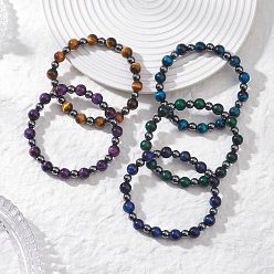 Тигровый глаз Круглые эластичные браслеты из натуральных бусин тигрового глаза и немагнитного синтетического гематита для женщин, окрашенная и подогревом, бусина : 6~8.5 mm, внутренний диаметр: 2-1/4 дюйм (5.6 см)