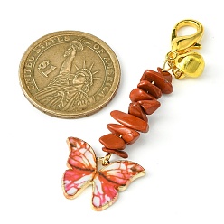 Red Jasper Alloy Enamel Butterfly Pendant Decoration, Natural Red Jasper Chips and Lobster Claw Clasps Charms, 64mm