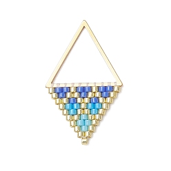 Синий Подвески-ромбы из стеклянного бисера Миюки, с золотым 304 соединительным кольцом из нержавеющей стали, градиент цвета, синие, 30x18.5x1.5 мм, отверстие : 0.8 мм