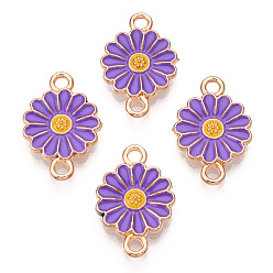Medium Purple Zinc Alloy Enamel Sunflower Connector Charms, Flower Links, Light Gold, Medium Purple, 18x12x2mm, Hole: 1.8mm