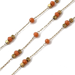 Оранжевый Ручная работа 304 круглозвенные цепи из нержавеющей стали и стекла, пайки, с 316 цепями и катушкой из нержавеющей стали, ионное покрытие (ip), реальный 18 k позолоченный, оранжевые, бисер: 3x2.5 мм & 2x2x2 мм