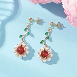 Красный Агат Цветок 304 Серьги-гвоздики из нержавеющей стали с кубическим цирконием, с натуральным сердоликом и латунной фурнитурой для сережек, золотые, 46x16.5 мм