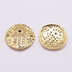 Real 18K Gold Plated Brass Micro Pave Grade AAA Cubic Zirconia Links, Long-Lasting Plated, Real 18K Gold Plated, Cadmium Free & Nickel Free & Lead Free, Flat Round, Golden, 14x15x2mm, Hole: 2mm