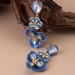 Стально-синий Серьги-гвоздики из сплава и акрила, смолой и горный хрусталь, цветок, золотые, стальной синий, 52x24 мм