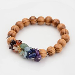 Rauchig Chakra natürlichen Edelstein und Perlen Holz Armbänder Stretch, mit tibetischen Stil Legierung Perlen, rauchig, 53 mm, 10 mm