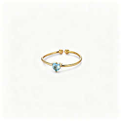 Cyan Adjustable Birthstone 304 Stainless Steel Micro Pave Cubic Zirconia Cuff Open Rings, Heart, March, Golden, Cyan, US Size 4 1/4(15~20mm)