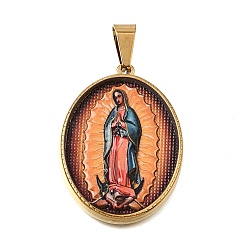 Golden Ion Plating(IP) Printed Religion 304 Stainless Steel Pendants, with 201 Stainless Steel Snap On Bails, Oval with Virgin Mary Charms, Colorful, Golden, 35.5~36x26~27x4~5.5mm, Hole: 8x4mm