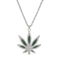 Platinum Rhinestone Leaf Pendant Necklace with Alloy Chains, Platinum, 23.62 inch(60cm)