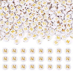Letter N 500 Uds plateando cuentas de acrílico, metal dorado enlaced, agujero horizontal, plano y redondo con alfabeto, blanco, letra n, 7x3.5 mm, agujero: 1.2 mm