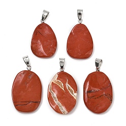 Красный Камень Природные красной яшмы подвески, овальные подвески с железными застежками-кнопками, платина, 29~35.5x19~23.5x5.5~6.5 мм, отверстие : 7.5x4.5 мм