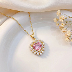 Pink Подвеска в форме сердца из латуни с инкрустацией кубическим цирконием 304 цепочка из нержавеющей стали для женщин, с пластиковыми жемчужные бусины, золотые, розовые, 17.72 дюйм (45 см)