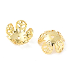 Настоящее золото 18K Шапочки и конусы для бусин, латунные, 5-лепестков цветка, реальный 18 k позолоченный, 7.5x7.5x4.5 мм, отверстие : 0.8 мм