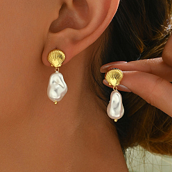 Shell Shape Элегантные латунные серьги-гвоздики, золотые, с имитацией жемчуга, формы раковины, 30x13 мм