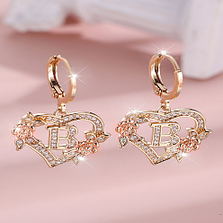 Letter B Серьги-кольца из латуни с микропаве и прозрачным кубическим цирконием в форме сердца, золотые, В письме, 34x20 мм