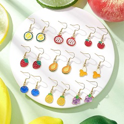 (52) Непрозрачная лаванда 9 пары 9 стили серьги-подвески из сплава с эмалью, с 304 нержавеющей стали, золотые, тема фруктов, разноцветные, 31~36x11~14 мм