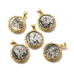 Золотой Латунь с резными подвесками из натуральной ракушки, стойки покрытие, плоско-круглые, золотые, 22x19.5x3.5 мм, отверстие : 3x4 мм