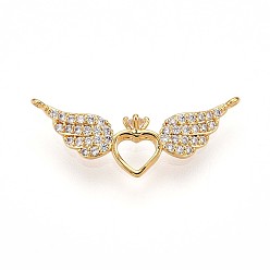 Настоящее золото 18K Латунные микро проложить кубического циркония подвески, сердце с крыльями, реальный 18 k позолоченный, 8.5x22x3 мм, отверстие : 0.6 мм