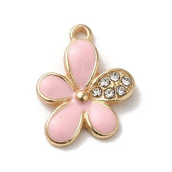 Pink Blumenlegierungsemailleanhänger, mit Strass, Licht Gold, rosa, 17.5x13x2.5 mm, Bohrung: 1.4 mm
