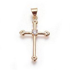 Golden Brass Micro Pave Cubic Zirconia Pendants, Cross, Clear, Golden, 29x18x3.2mm, Hole: 5x3.8mm