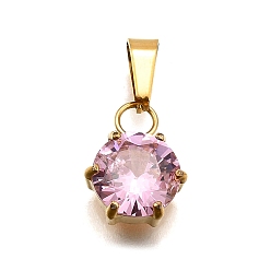 Pink 304 подвески из нержавеющей стали с кубическим цирконием, плоские круглые прелести, вакуумные покрытия, розовые, 12x9x5.5 мм, отверстие : 3x6 мм