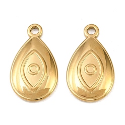 Chapado en Oro Real 18K 304 colgantes de acero inoxidable, lágrima con amuletos de mal de ojo, revestimiento de iones (ip), real 18 k chapado en oro, 21x12x2.5 mm, agujero: 2 mm