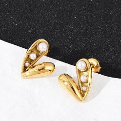 Сердце 304 из нержавеющей стали серьги, с натуральными раковинами, ионное покрытие (ip), реальный 14 k позолоченный, сердце, 15.5x13 мм