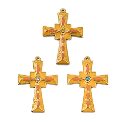 Mixed Color 304 Stainless Steel with Orange Enamel Pendants, with Rhinestone, Cross Charms, Ion Plating(IP), Golden, Mixed Color, 35.5x24.5x2.5mm, Hole: 1.4mm