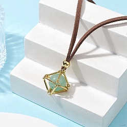 Golden Crystal Holder Cage Necklaces, Brass Bar Connected Pouch Empty Stone Holder for Pendant Necklace Making, Faux Suede Cord Necklace, Golden, 32-1/8 inch(81.6cm)