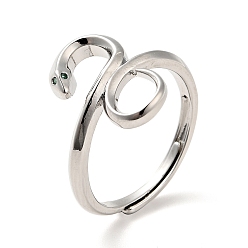 Платинированный Регулируемое кольцо в виде змеи зеленого кубического циркония, украшения из латуни для женщин, Реальная платина, размер США 6 1/2 (16.9 мм)