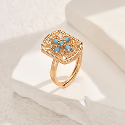 Бирюза Регулируемые кольца для женщин с микропаве из латуни и кубическими цирконами, прямоугольные, бирюзовые, 19x14 мм, внутренний диаметр: регулируемый