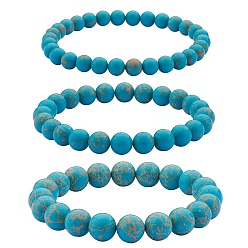 Cadet Blue 3Pcs 3 Size Synthetic Imperial Jasper Round Beaded Stretch Bracelets Set, Gemstone Jewelry for Women, Cadet Blue, Inner Diameter: 2-1/8 inch(5.5cm), Beads: 6~10mm, 1Pc/size