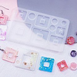 Квадрат DIY силиконовые формы кулон, формы для литья смолы, для уф-смолы, изготовление ювелирных изделий из эпоксидной смолы, круглые, квадратный узор, 64x103x5 мм, отверстие : 2 мм, внутренний диаметр: 8~34x8~34 мм