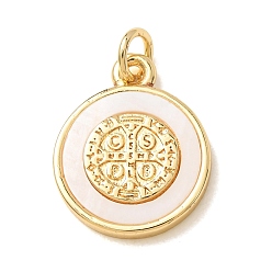 Golden Brass Pendants, with White Shell, Flat Round with St. Benedict Medal Charms, Golden, 17x14x2mm, Hole: 3mm