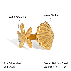 Морская звезда Регулируемые манжеты из нержавеющей стали с морскими мотивами для женщин, золотые, морская звезда, звезды: 13.8 мм, форма оболочки: 15.2 мм, внутренний диаметр: регулируемый